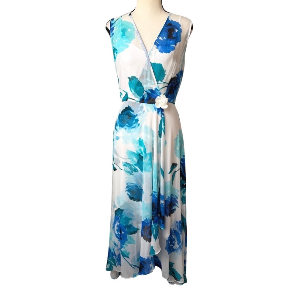 Calvin Klein Floral Faux Wrap Formal Dress Aqua Blue Wedding Feminine Romantic 4